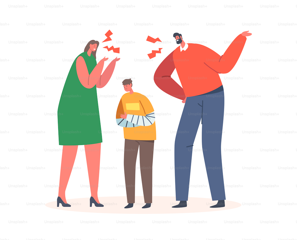 Angry Parents Scold Son, Mother and Father Characters Yell on Little Boy Stand between them. Family Problem, Conflict, Domestic Violence and Abuse, Punishment. Cartoon People Vector Illustration