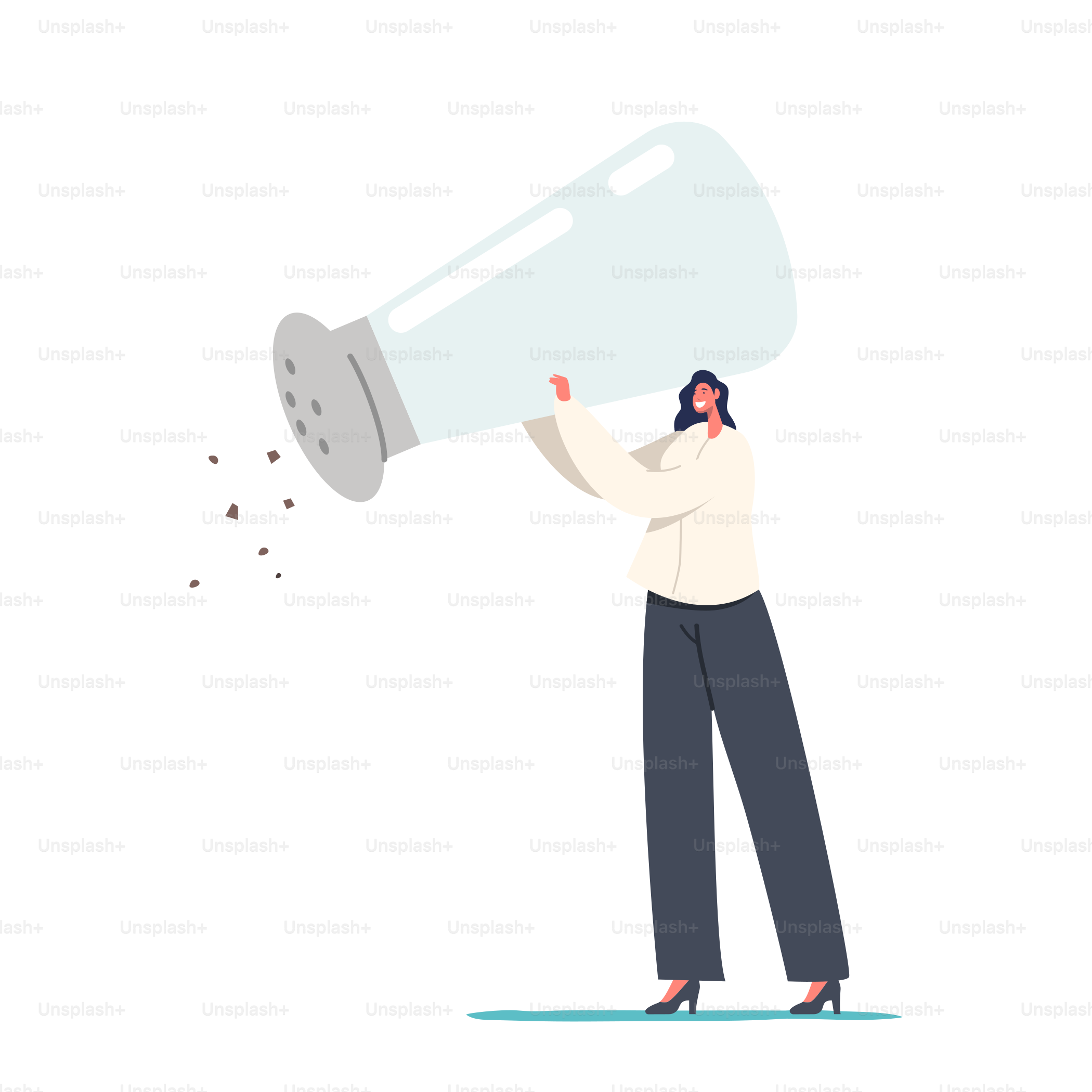 Cooking and Spice Concept. Tiny Woman Holding Huge Salt or Pepper Shaker Isolated on White Background. Female Character with Seasoning Ingredient for Food Dish. Cartoon People Vector Illustration