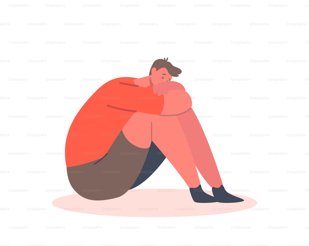 Family Problems, Domestic Abuse, Bullying Concept. Little Child Character Sitting on Floor Crying with Sad Face. Depressed Anxious Boy Isolated on White Background. Cartoon People Vector Illustration