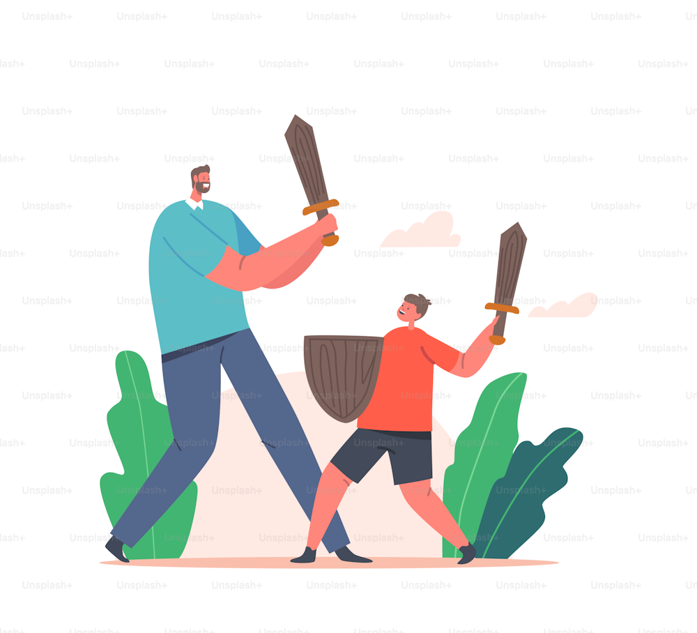 Father and Son Fighting on Wooden Swords, Happy Family Characters Playing in Knights Outdoors. Dad and Boy Fooling, Parenting, Childhood, Togetherness Concept. Cartoon People Vector Illustration