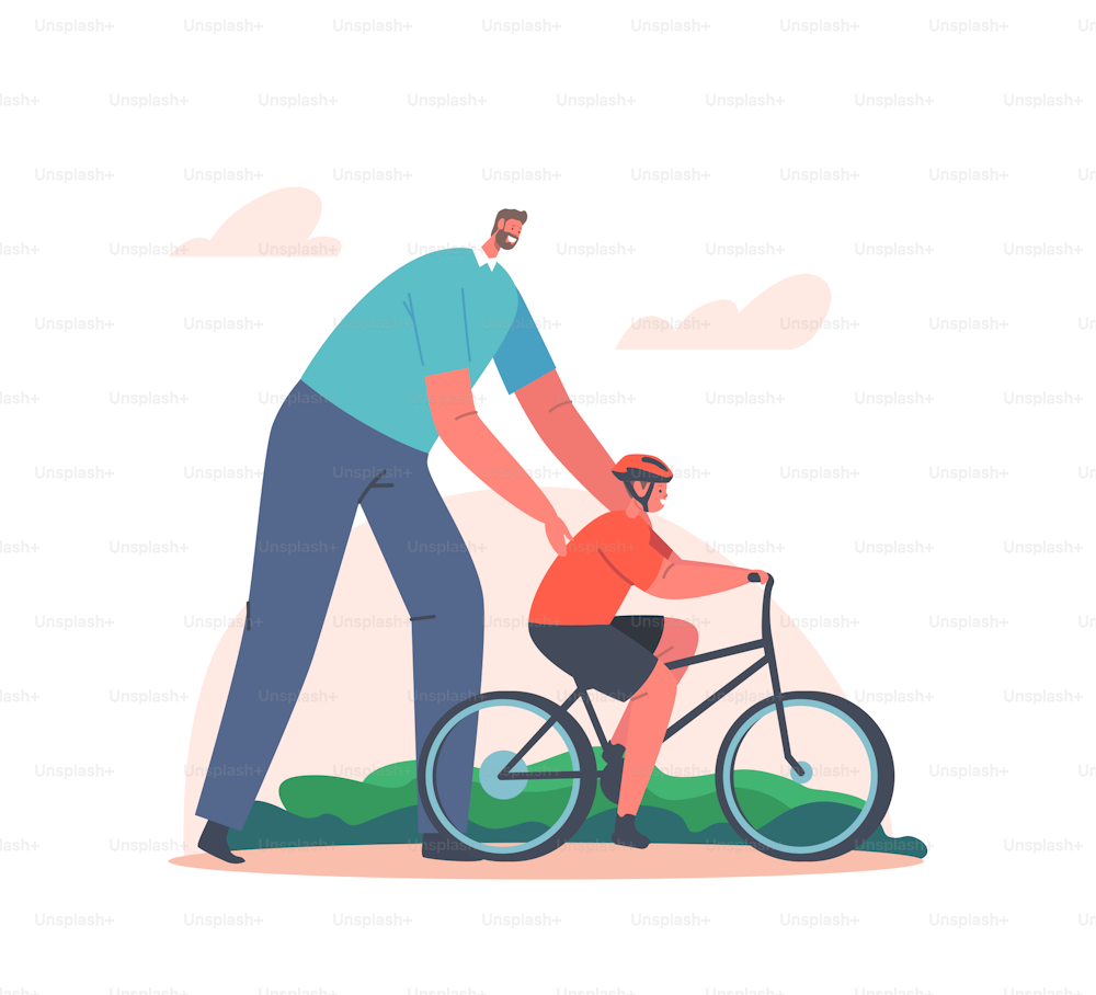 Parenting, Fatherhood Concept. Caring Dad Teaching Son to Ride Bike for the First Time. Father Teach Kid Boy Cycling Outdoor. Happy Family Characters Activity. Cartoon People Vector Illustration