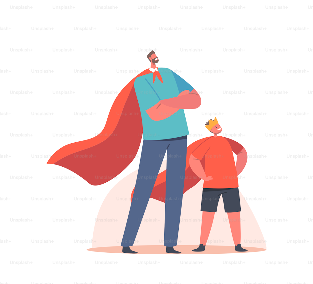 Superfamily, Parent and Child Relations Concept. Happy Family Dad and Son Characters in Superhero Costumes Posing with Arms Akimbo, Togetherness, Fatherhood. Cartoon People Vector Illustration