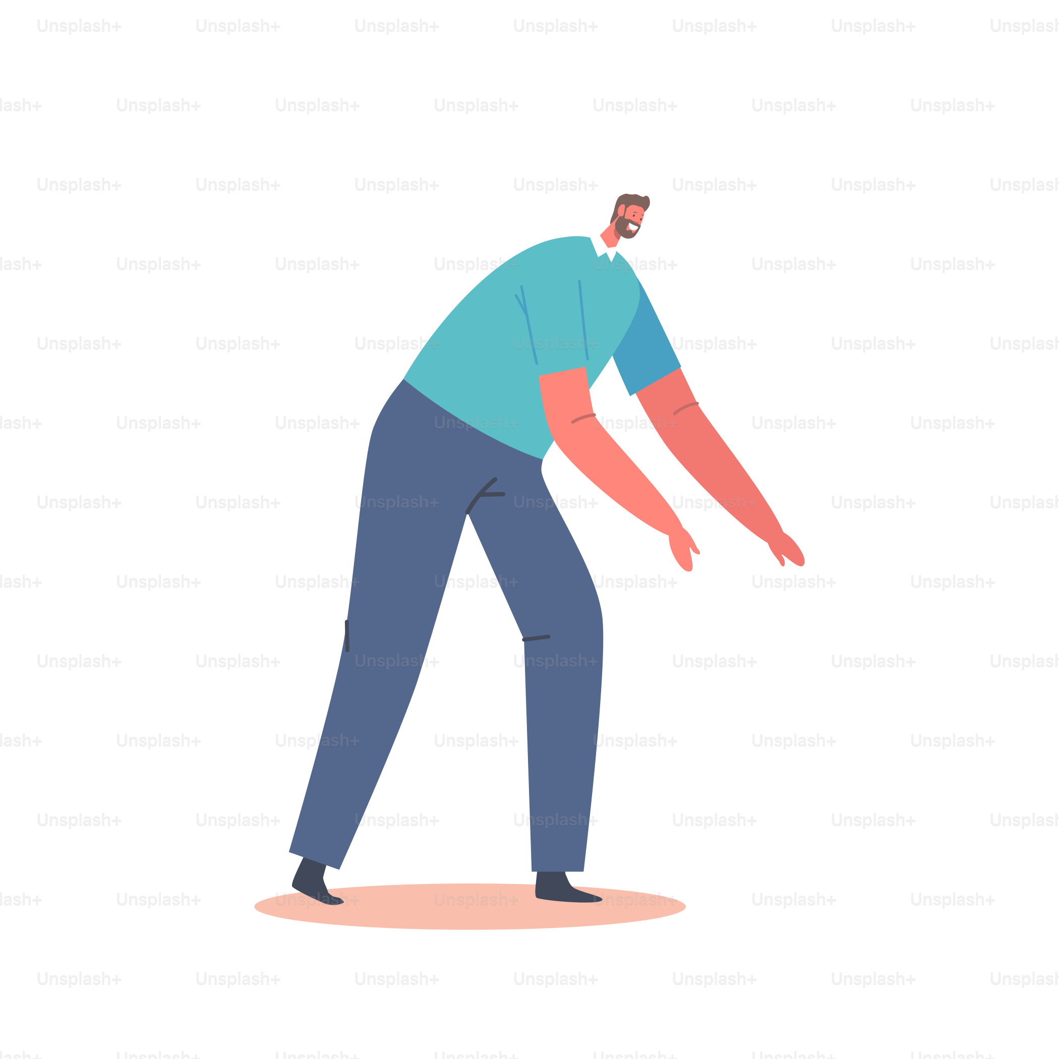 Uomo maturo e positivo piegato, personaggio maschile single con maglietta e pantaloni blu isolati su sfondo bianco. Persona barba attraente in abiti casual. Illustrazione vettoriale di Personaggi dei Cartoni Animati