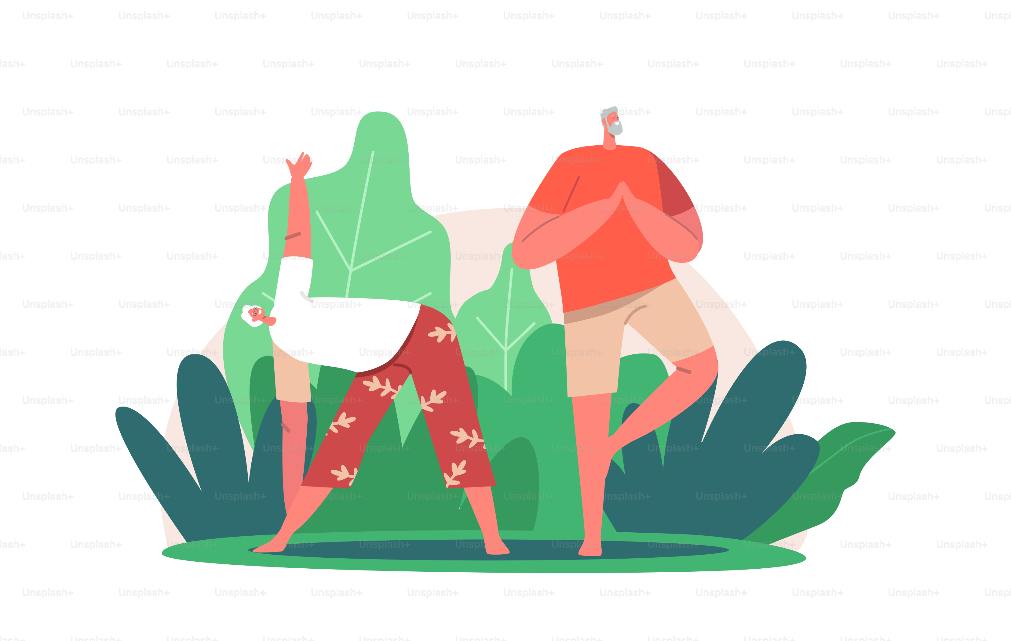 Healthy and Happy Retirement Concept. Senior Couple Doing Yoga or Fitness Exercises. Elderly Characters Stand in Asana Pose, Stretching Body, Grandparents Activity, Cartoon People Vector Illustration