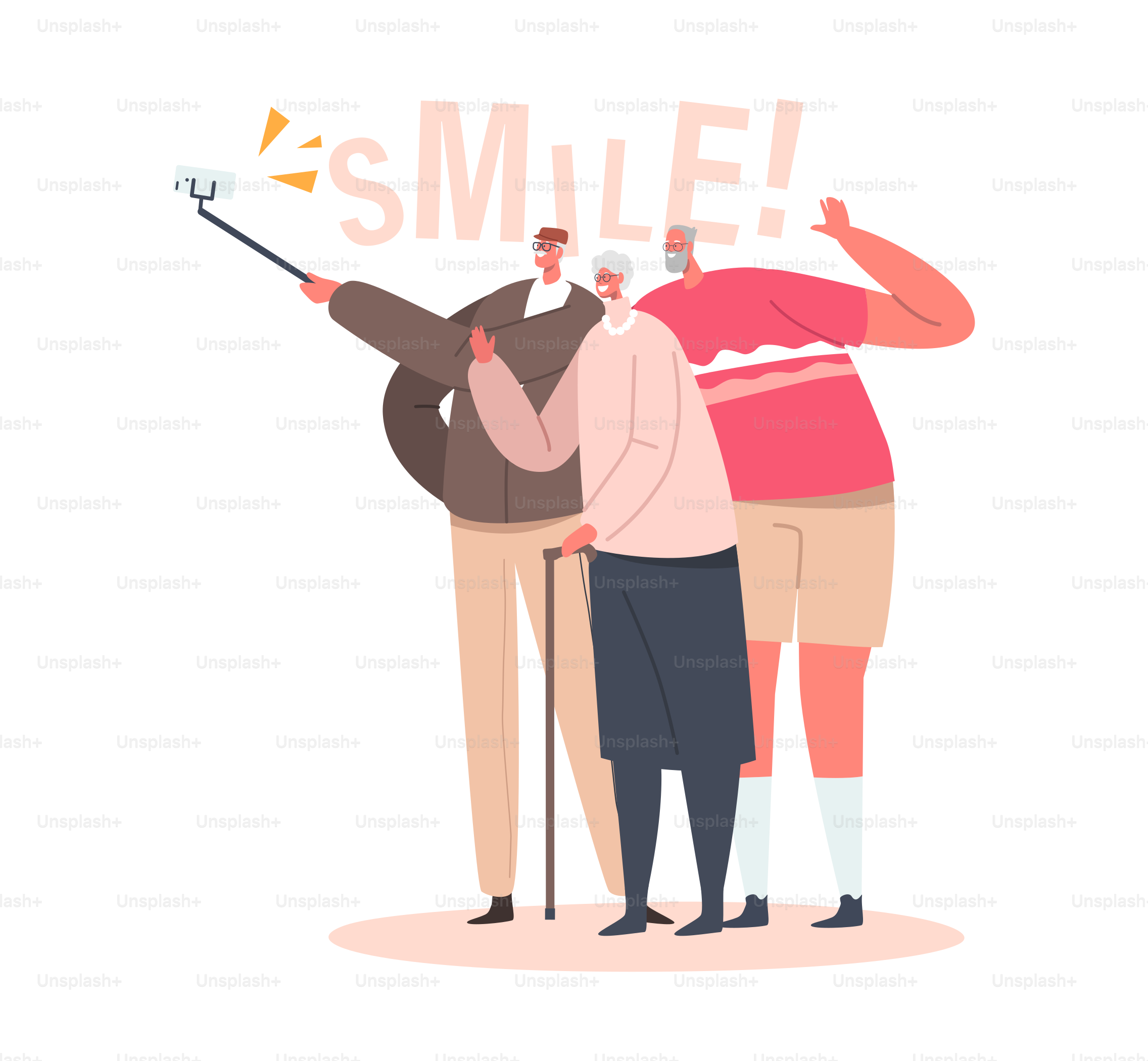 Old Men and Women Make Selfie Isolated on White Background. . Cheerful Senior Characters Hipsters Gathering and Having Fun Together, Shoot Photo for Long Memory. Cartoon People Vector Illustration