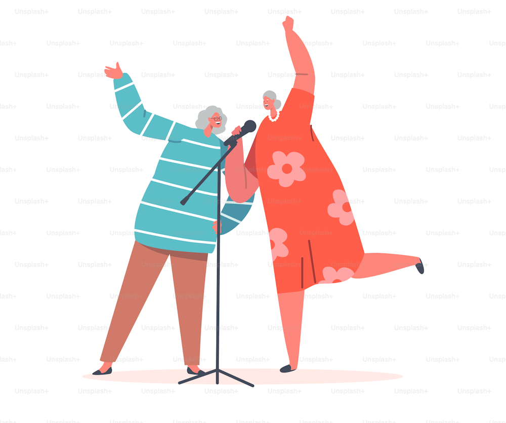 Happy Senior Female Characters Cheerfully Singing Songs in Karaoke Bar, Old Ladies Couple with Microphones Performing on Party. Happy Life Moments, Weekend Leisure. Cartoon People Vector Illustration