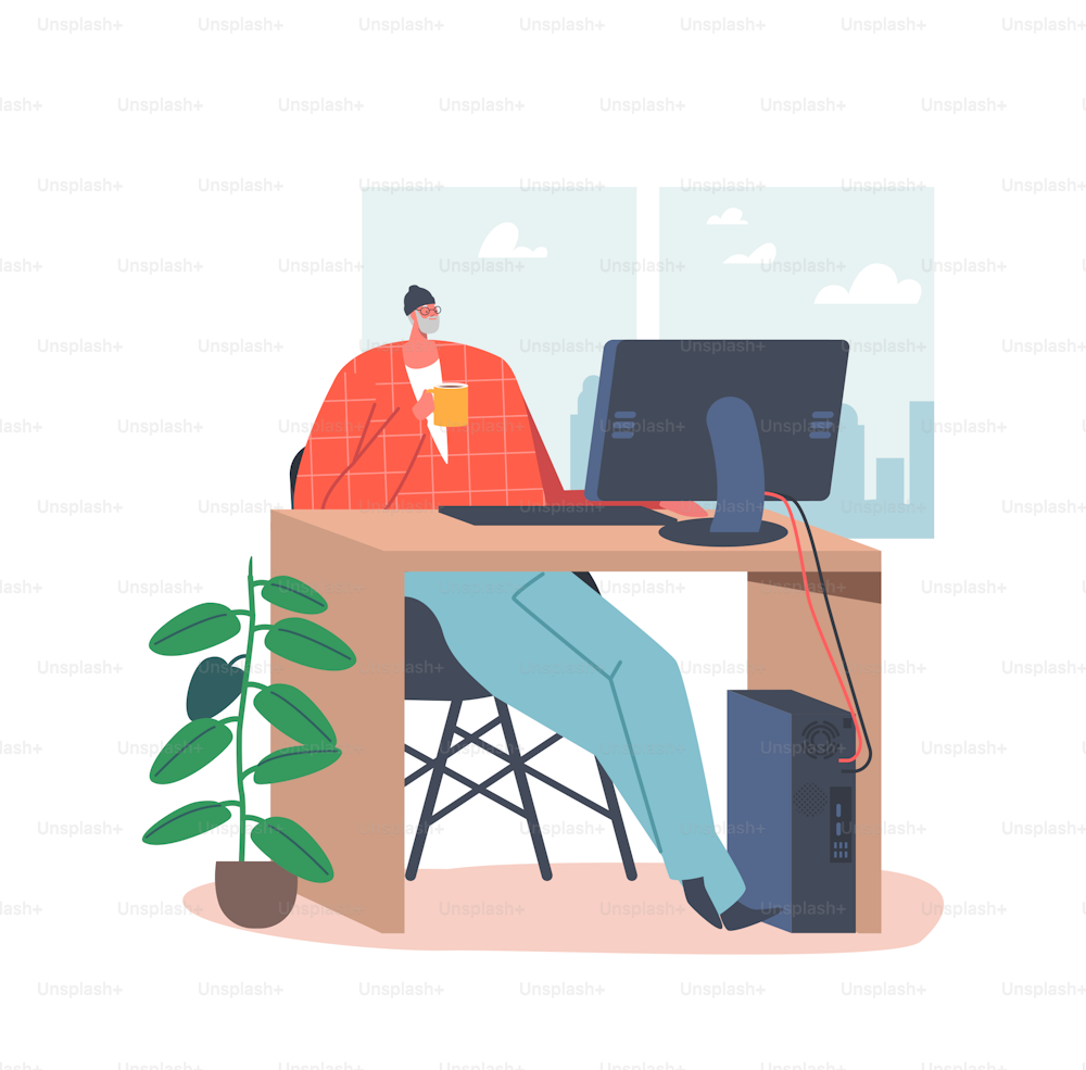 Senior Man in Hipster Clothes with Cup of Tea in Hand Sitting at Desk with Computer at Home Interior. Aged Male Character Looking on Screen Chatting, Learn New Technology. Cartoon Vector Illustration