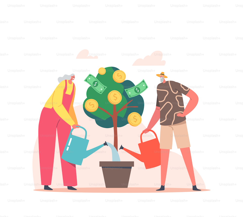 Senior Man and Woman Watering Potted Money Tree with Golden Coins and Banknotes. Pensioner Characters Grow Capital, Pension Insurance and Passive Income Concept. Cartoon People Vector Illustration