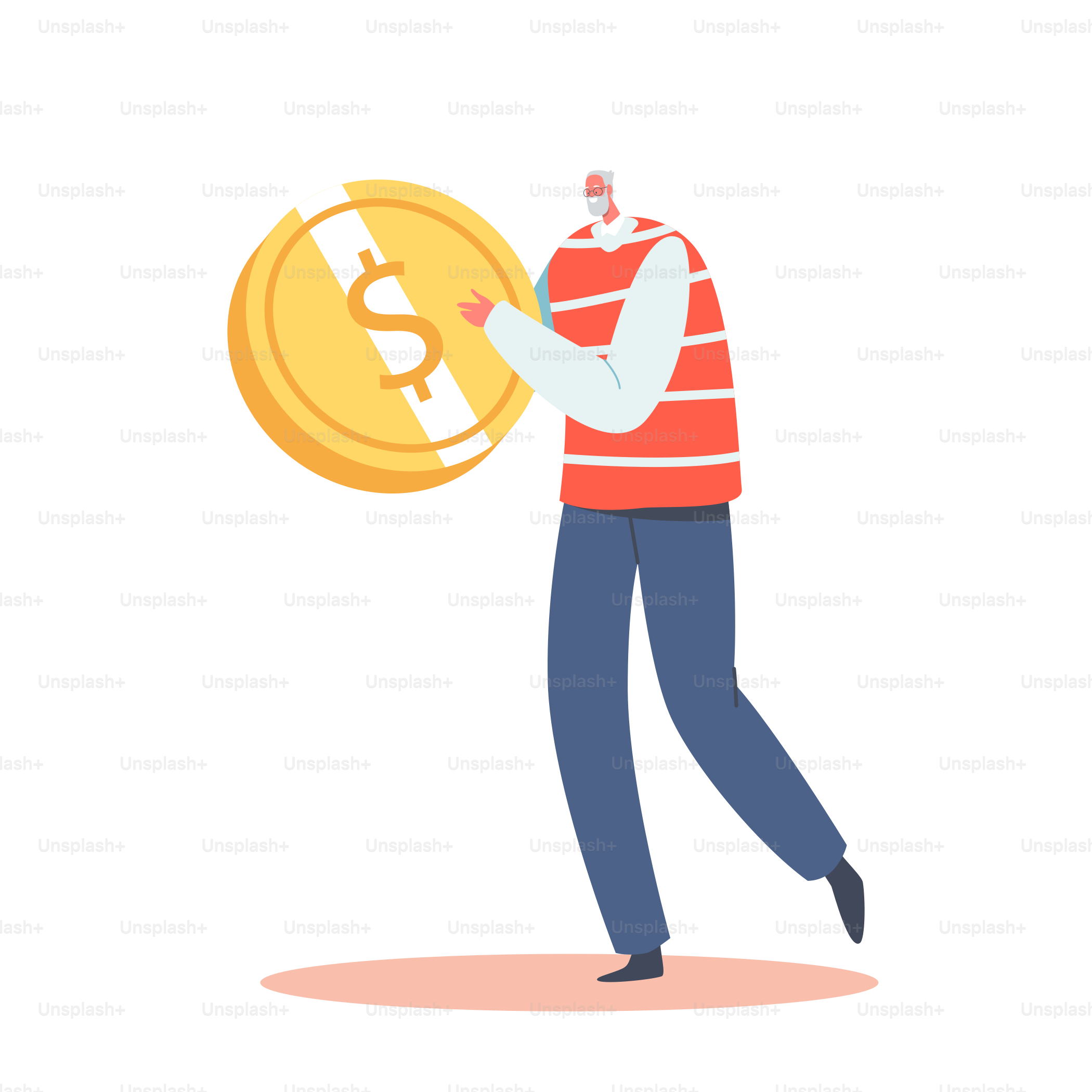 Pension Growth, Money Savings, Pensioner Wealth and Retirement Concept. Tiny Senior Man with Huge Golden Coin. Single Male Character Investment, Budget Planning. Cartoon People Vector Illustration