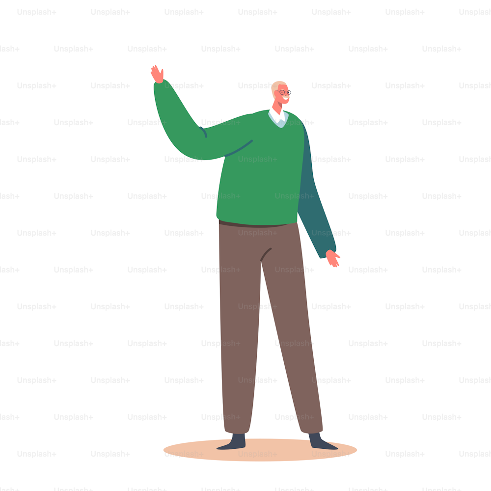 Mature Positive Man, Grandfather, Senior Male Character Wear Green Sweater Isolated on White Background. Single Aged Happy Person Gesturing with Hand. Cartoon People Vector Illustration