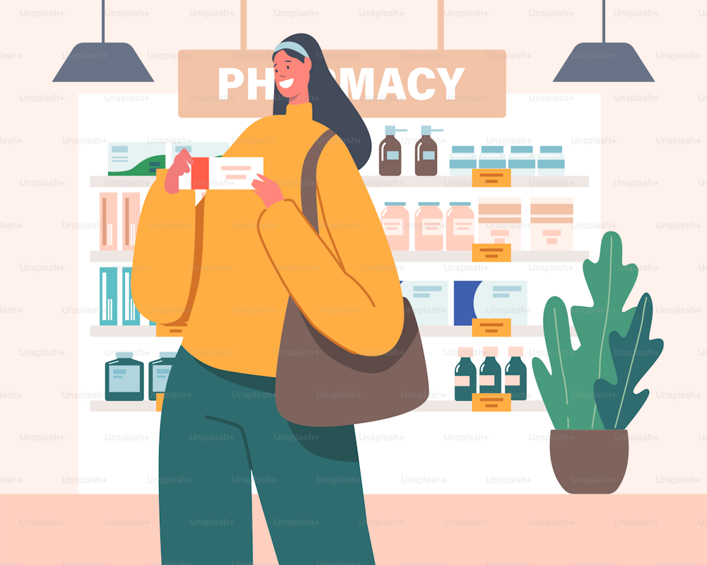 Female Character with Medicine Package in Hands. Woman Purchase Drugs in Pharmacy Store. Customer Stand at Shelves with Medications, Pills and Drugs, Healthcare. Cartoon People Vector Illustration