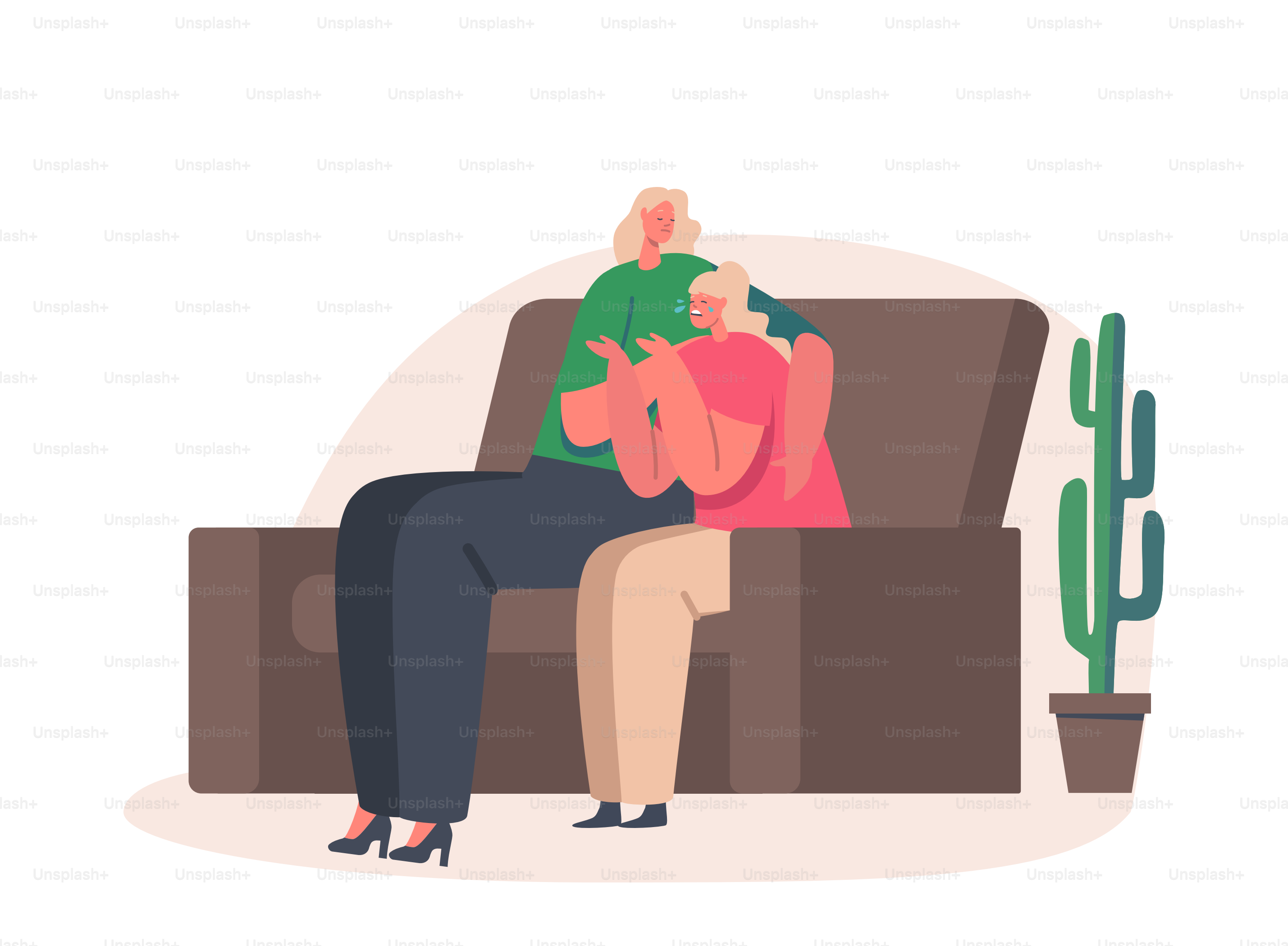 Madre che consola il bambino seduto sul divano in camera. Mamma e figlia che parlano di problemi, supporto genitore e abbraccio della ragazza che piange. Relazioni affettuose, genitorialità. Illustrazione vettoriale di Personaggi dei Cartoni Animati