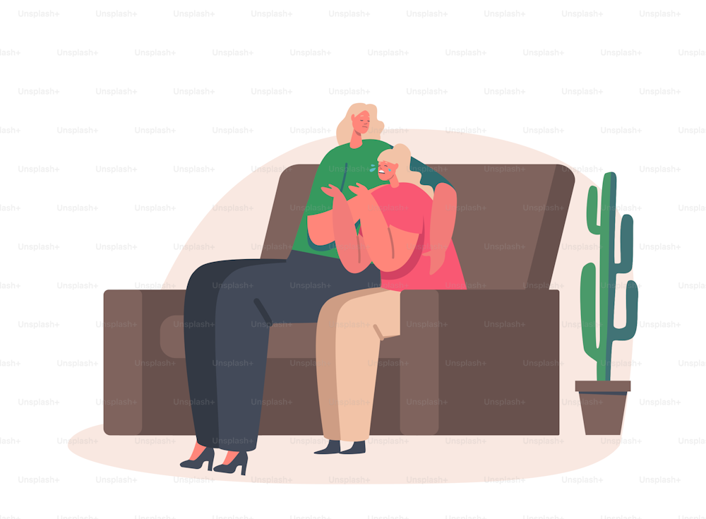 Mother Comforting Child Sitting on Sofa in Room. Mom and Daughter Talking of Problems, Parent Character Support and Embrace Crying Girl. Loving Relations, Parenting. Cartoon People Vector Illustration