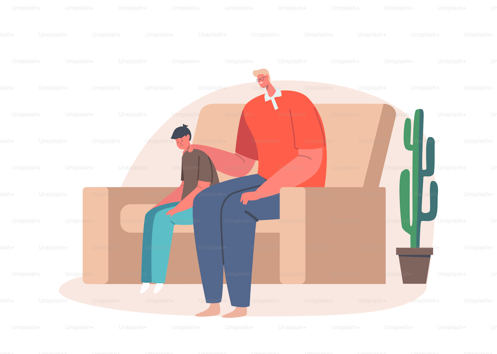 Parent Character Support Child. Father and Son Sitting on Sofa in Living Room Speak and Share Problems. Dad and Boy Talking, Confidential Relations, Parenting. Cartoon People Vector Illustration