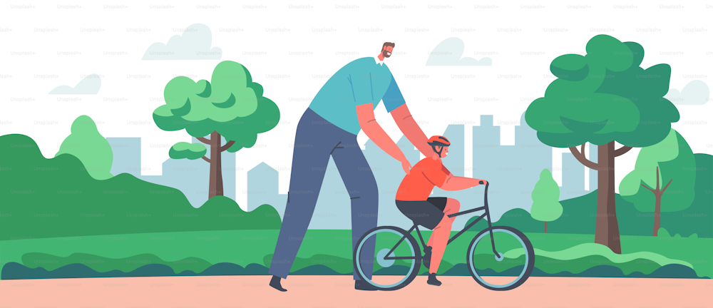 Parenting, Fatherhood Concept. Dad Teach Son to Ride Bike in City Park for the First Time. Father Teach Kid Boy Cycling Outdoor. Happy Family Characters Activity. Cartoon People Vector Illustration