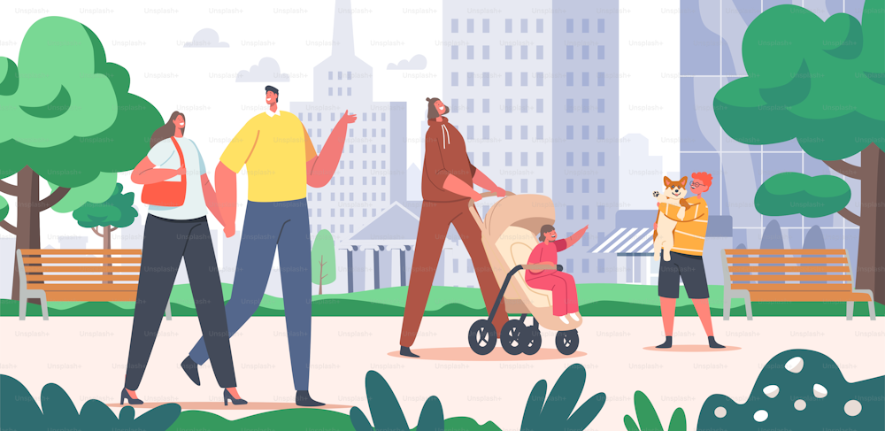 都市公園を歩く人々。愛する夫婦が手をつないで、母親はベビーカーで赤ちゃんと歩き、街並みの背景に子どもの抱擁のおかしな犬。ピープルキャラクタープロムナード。漫画のベクターイラスト