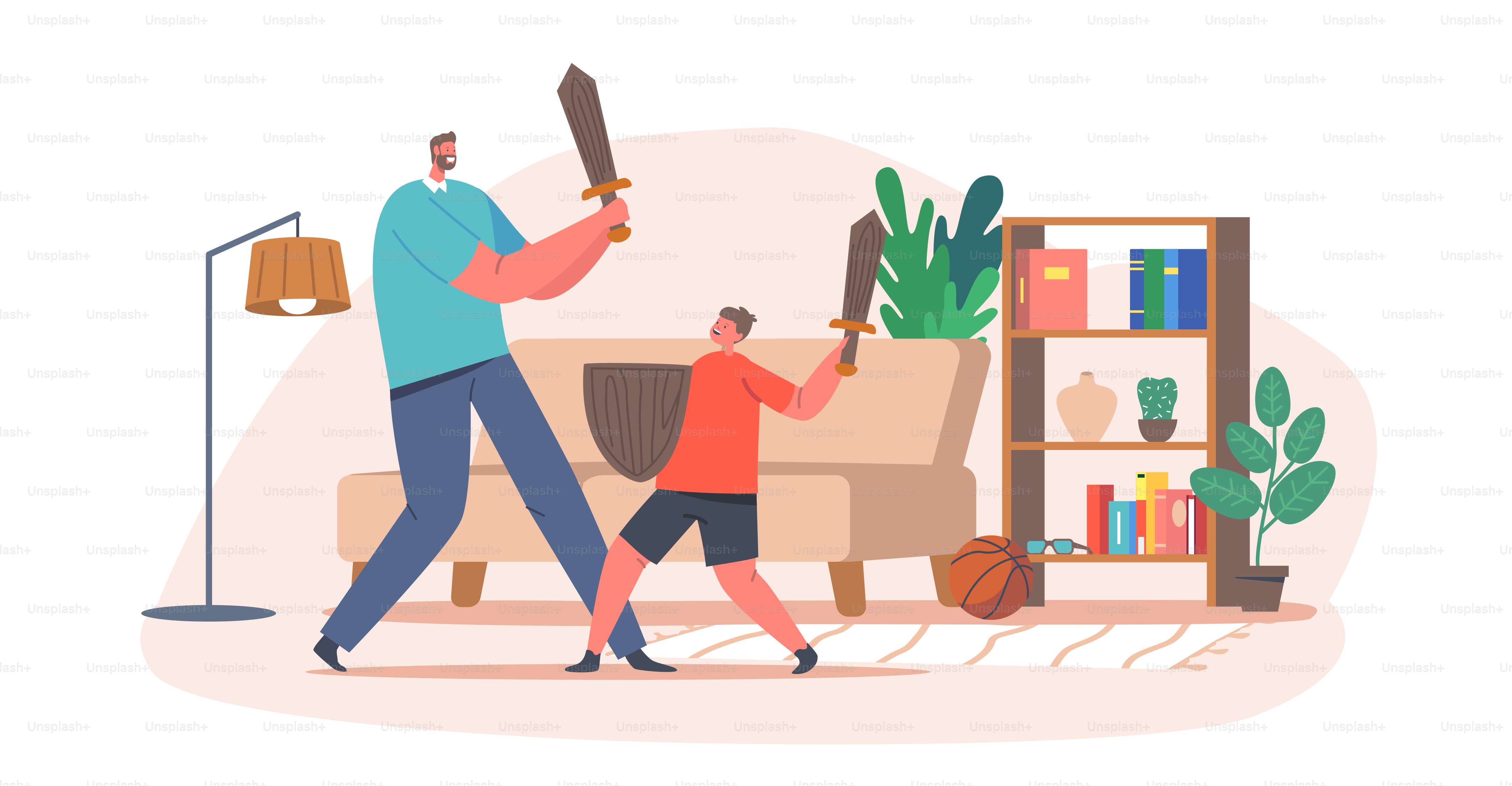 Padre e hijo luchando con espadas de madera en casa, personajes familiares felices jugando en caballeros. Papá y niño engañando, diversión, crianza de los hijos, infancia, concepto de unión. Ilustración vectorial de Cartoon People