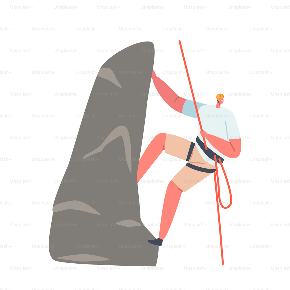 Extreme Sport, Hiking and Leisure Activity Concept. Young Climber Male Character Climbing the Mountain. Man with a Rope Having Recreation in Park or on Nature. Cartoon People Vector Illustration