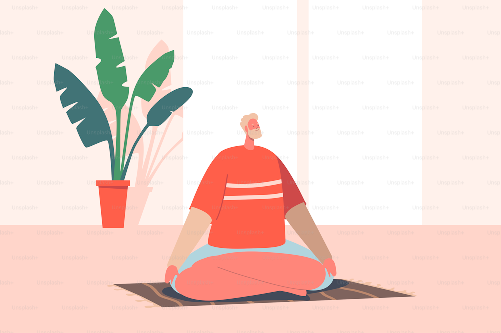 Man Meditating Indoors in Light Hall Sitting in Yoga Asana Lotus Pose. Healthy Lifestyle, Relaxation, Emotional Balance, Leisure, Life Harmony, Zen Spare Time. Cartoon Vector Illustration
