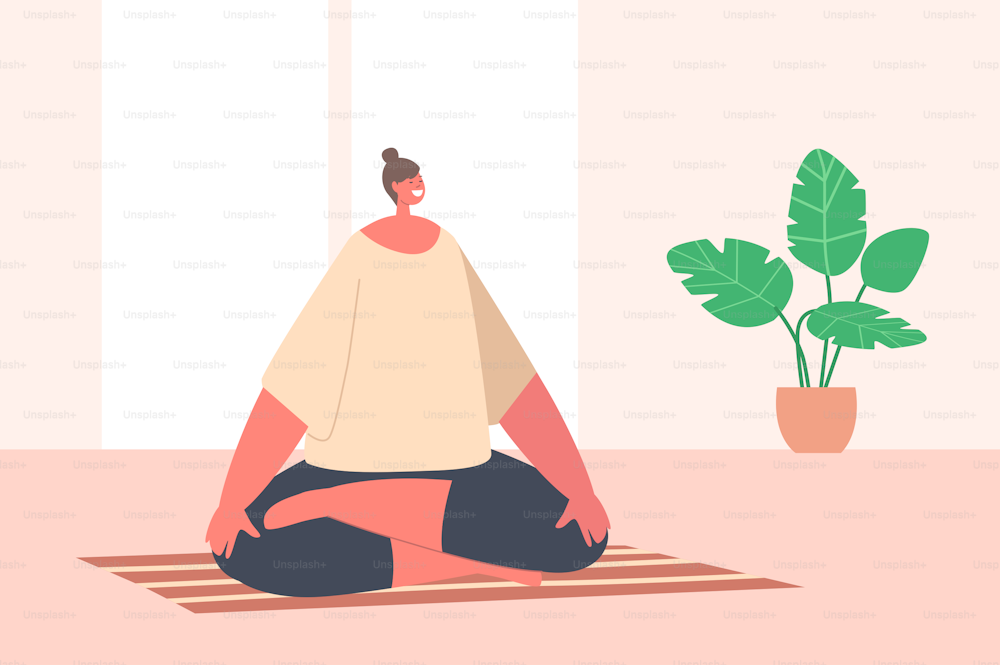 Woman Meditating Sitting in Lotus Posture with Hands Lying on Knees. Indoor Yoga, Healthy Lifestyle, Relaxation Emotional and Life Balance, Harmony with Soul and Mind. Cartoon Vector Illustration