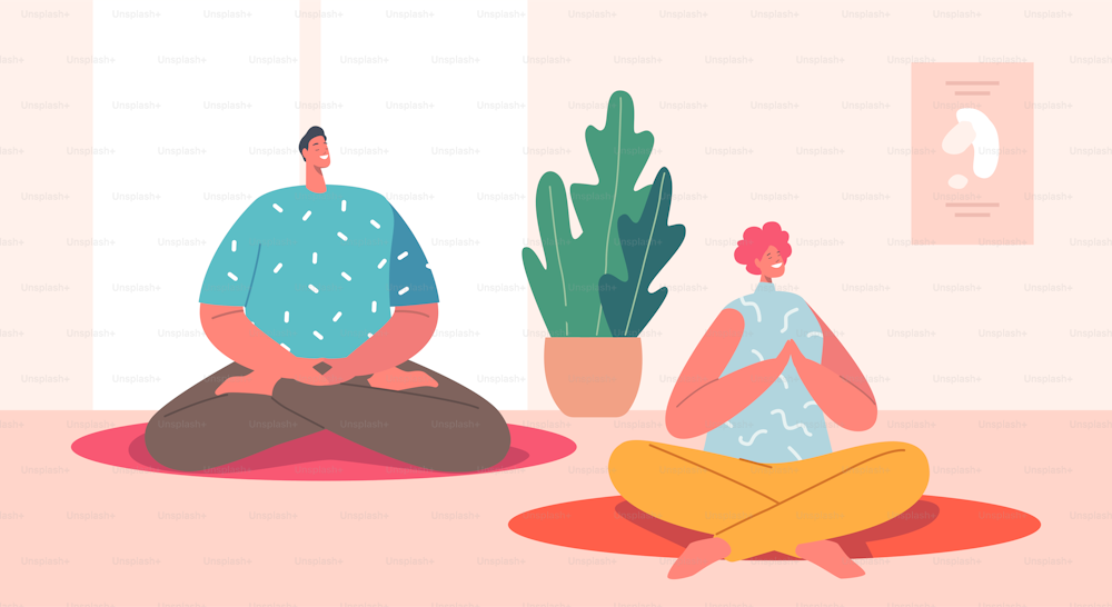 Relaxation Emotional Balance, Happy People Meditating Indoors, Male and Female Characters Sitting in Yoga Class at Lotus Pose. Healthy Lifestyle, Leisure, Life Harmony. Cartoon Vector Illustration