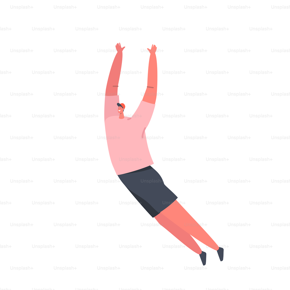 Personaje masculino Caída o salto con los brazos levantados aislados sobre fondo blanco. Deportista adolescente ejercitando parkour, practicando actividad deportiva extrema, volando en el aire. Ilustración vectorial de Cartoon People