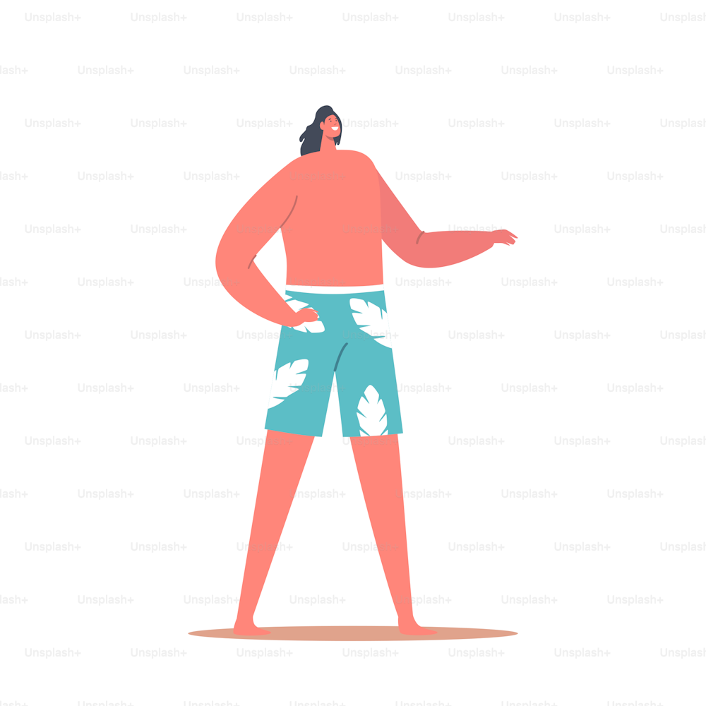 Young Male Character Wear Swimming Shorts with Naked Torso Stand on Beach, Man on Summer Vacation, Resort Summertime Traveling, Holidays, Outdoor Recreation and Water Fun. Cartoon Vector Illustration