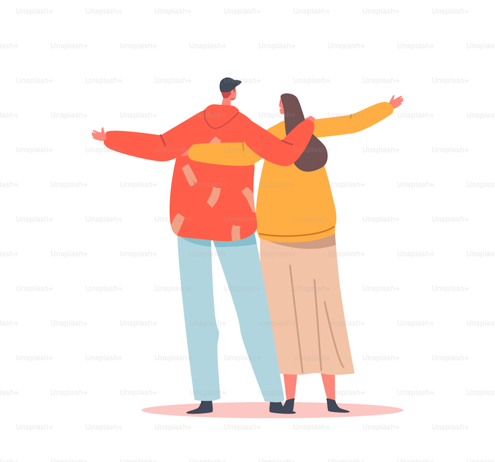 Male and Female Characters Hug Rear View. Love, Friendship, Connection, Romance Feelings Concept. Happy Man and Woman Embracing and Hugging Back View, Loving Couple. Cartoon People Vector Illustration