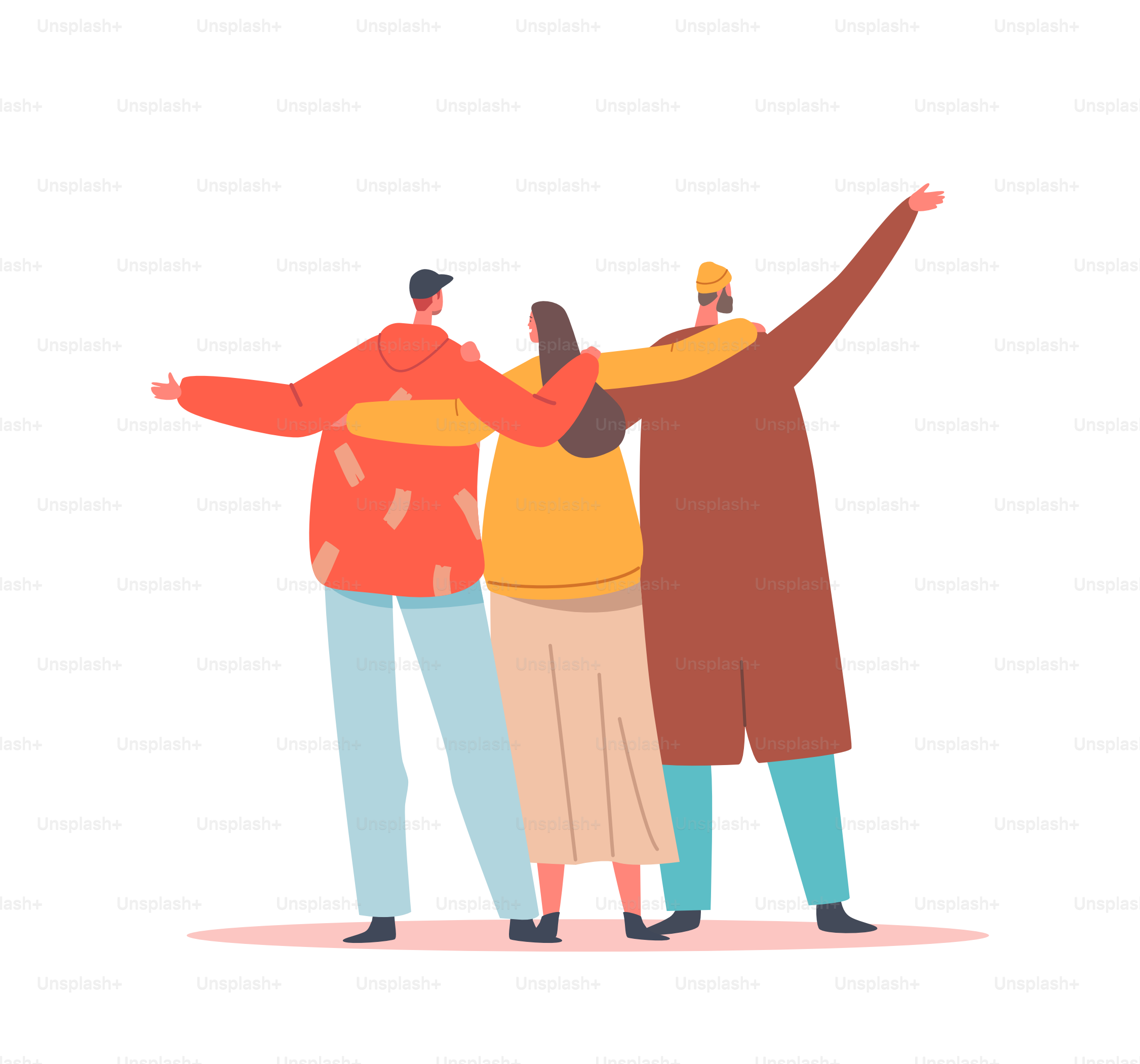 Abbracci con amici retrovisione, celebrazione della Giornata Internazionale dell'Amicizia, Idea di Unità e Supporto. Personaggi maschili e femminili che si abbracciano, pace e amore. Illustrazione vettoriale di Personaggi dei Cartoni Animati