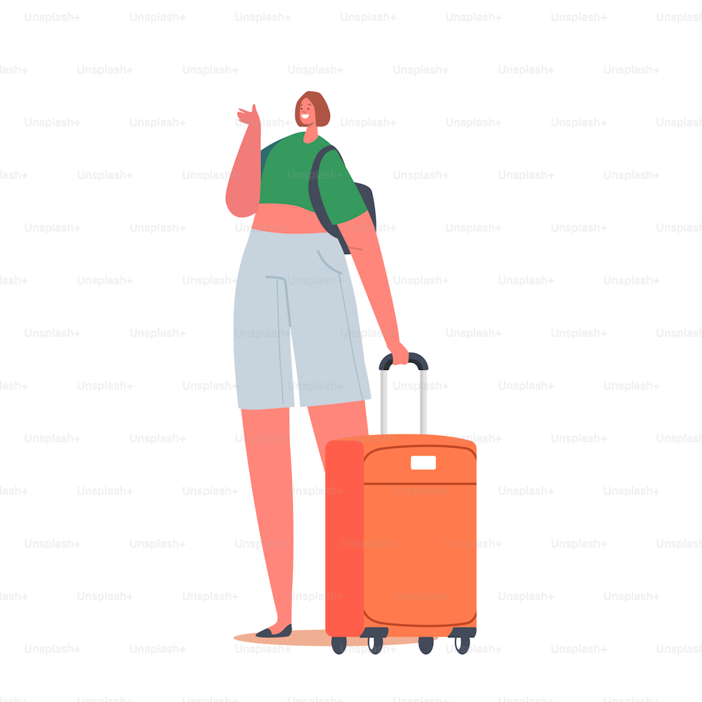 Woman in Airport Wait Registration. Female Tourist Character with Luggage Boarding on Airplane. Girl Traveler Go to Aircraft, Passenger Board to Jet. Business Trip, Travel. Cartoon Vector Illustration