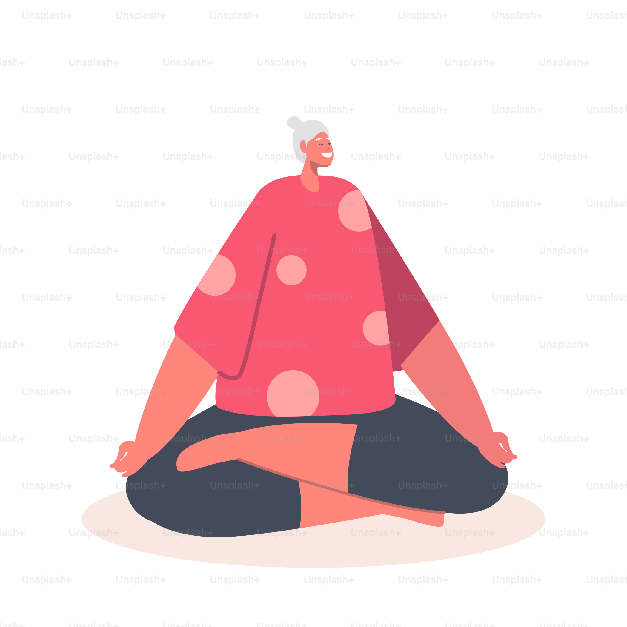 Elderly Female Character Meditating in Lotus Pose, Old Woman Yoga, Healthy Lifestyle, Relaxation Emotional Balance, Positive Mood Isolated on White Background. Cartoon People Vector Illustration