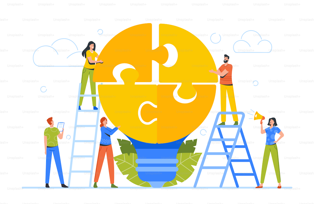 Businesspeople Teamwork, Office Employees Group Stand on Ladder Collect Idea as Huge Light Bulb Puzzle Together. People Cooperation, Collective Work, Partnership, Startup. Cartoon Vector Illustration