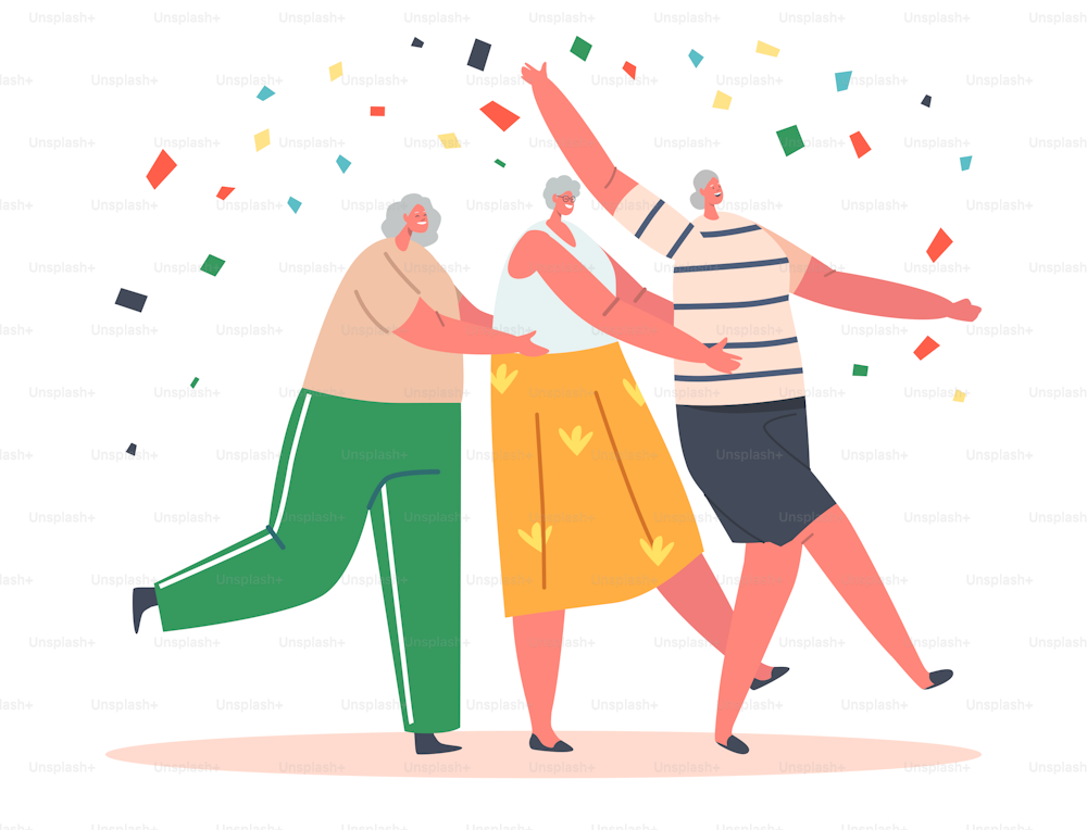 Old Girlfriends Dance Conga, Senior Women Stand in Row Hold Each Other with Confetti around. Elderly People Sparetime, Grandmothers Characters Group Active Leisure. Cartoon People Vector Illustration