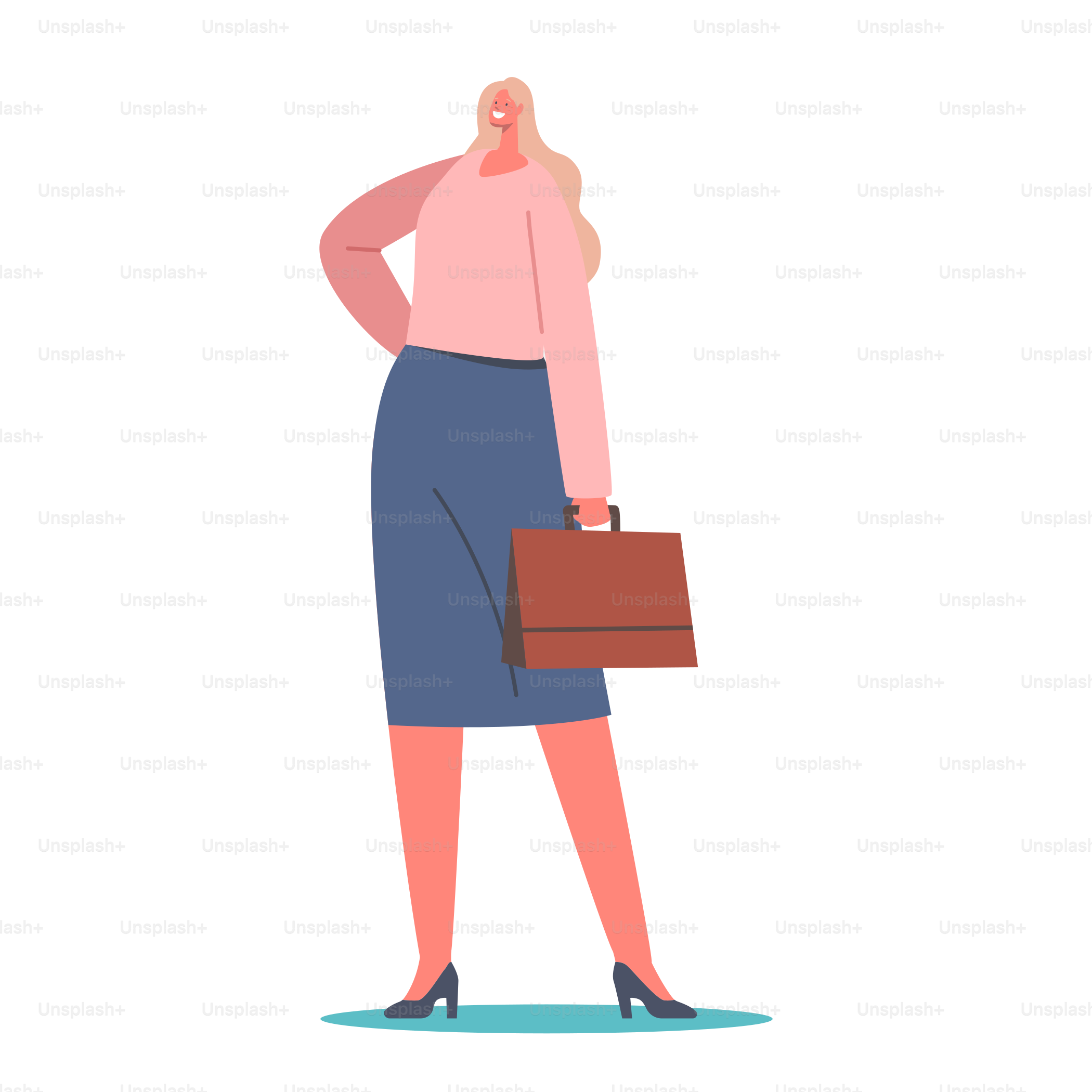 Stylish Blonde Businesswoman wear Trendy Outfit Pink Blouse, Blue Skirt and Handbag. Fashion Trend for Women Style, Lady in Fashionable Clothes, Apparel for Girls. Cartoon People Vector Illustration