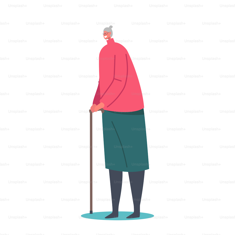 Senior Female Character with Walking Cane Isolated on White Background. Elderly Smiling Woman, Grandmother Lifestyle, Old Lady Wear Red Blouse and Long Green Skirt. Cartoon People Vector Illustration