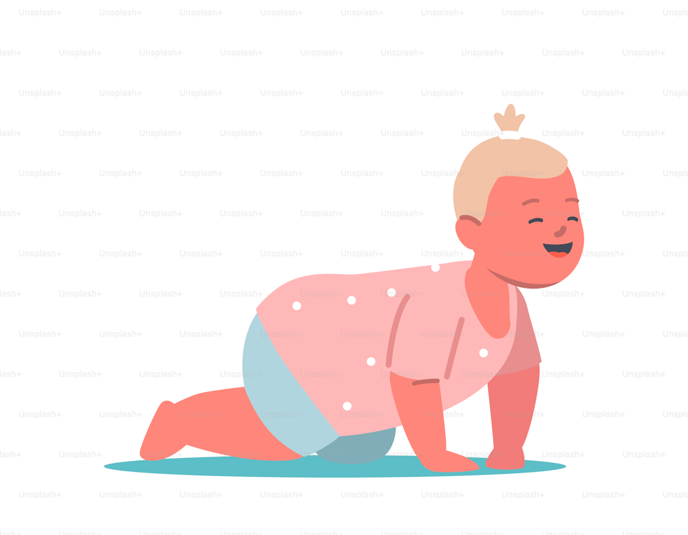 Little Baby Girl in Diapers Crawl on Floor Isolated on White Background. Cute Cheerful Smiling Child Female Character, Toddler Wear Pink Clothes. Cartoon People Vector Illustration