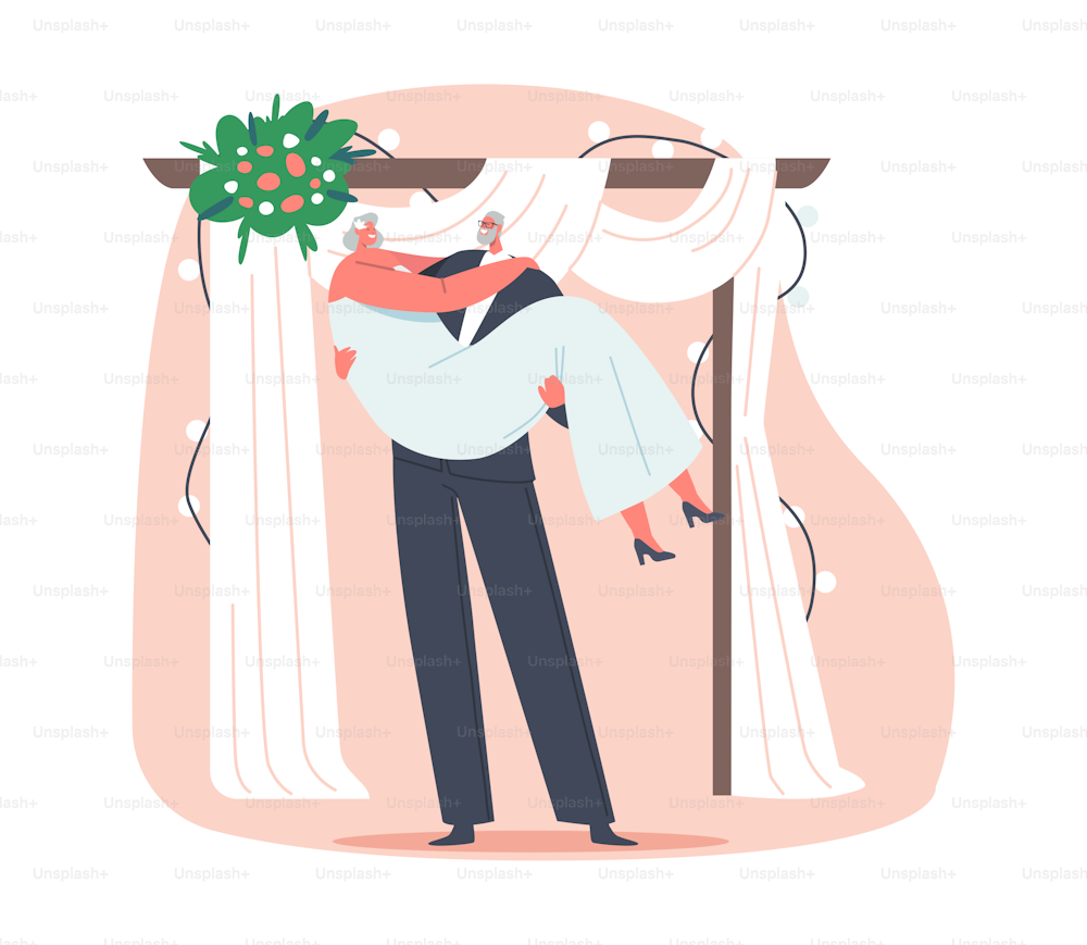Aged Groom Holding Bride on Hands under Floral Arch during Wedding Ceremony, Senior Newlywed Couple Characters Get Married, Happy Elderly Bridal Man and Woman Love. Cartoon People Vector Illustration