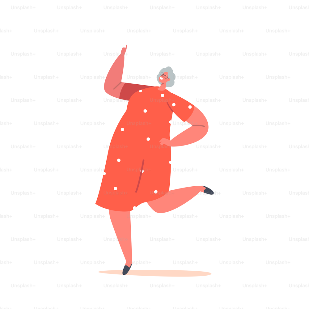 Attiva vecchia donna danza tempo libero o hobby. Allegra signora pensionata anziana in abito alla moda che balla e rilassante, nonna personaggio divertente isolato su sfondo bianco. Illustrazione vettoriale delle persone del fumetto