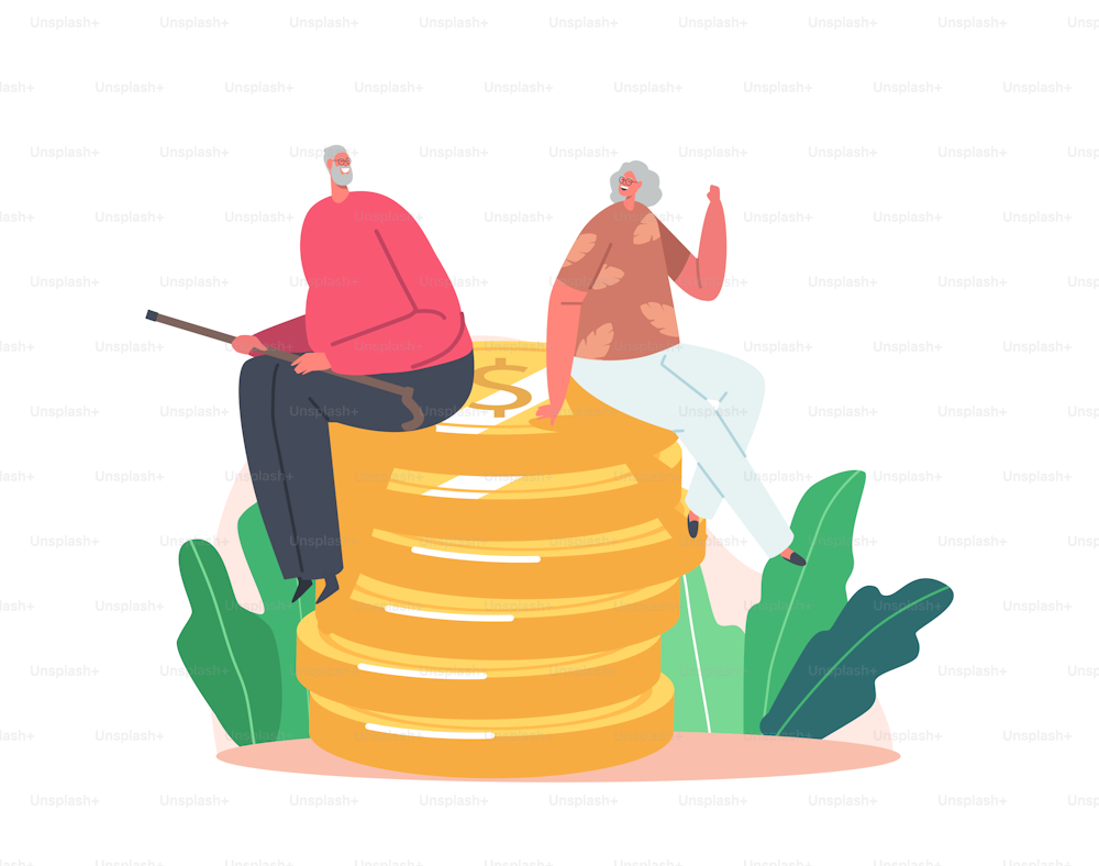 Happy Senior Male and Female Characters Sitting on Huge Pile of Golden Coins. Concept of Financial Wealth, Pension Savings, Wealthy Retirement, Joyful Grandparents. Cartoon People Vector Illustration