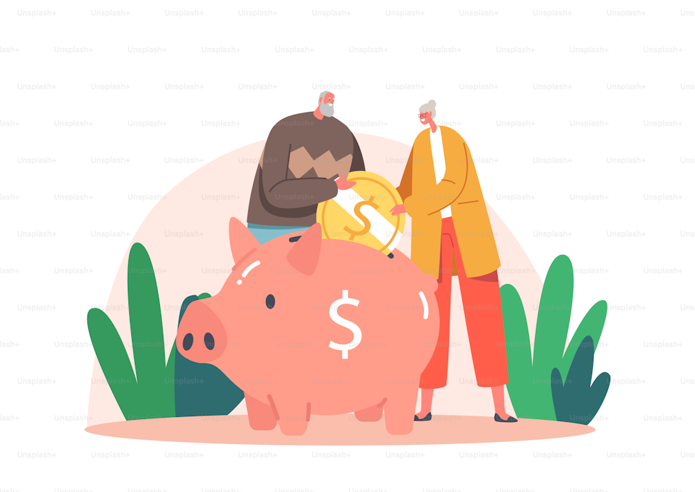 Pension Fund Savings, Elderly Man and Woman Characters Put Coin to Piggy Bank Rejoice to Get Superannuation. Senior Grandparents Retirement, Money Fund Safety. Cartoon People Vector Illustration