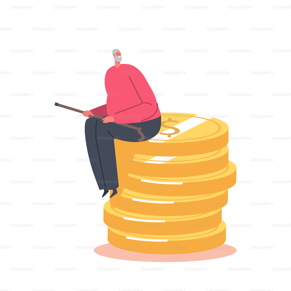 Pension Savings, Wealthy Retirement Concept, Happy Senior Male Character Sitting on Huge Pile of Golden Coins. Joyful Grandfather Financial Wealth, Prosperity. Cartoon People Vector Illustration