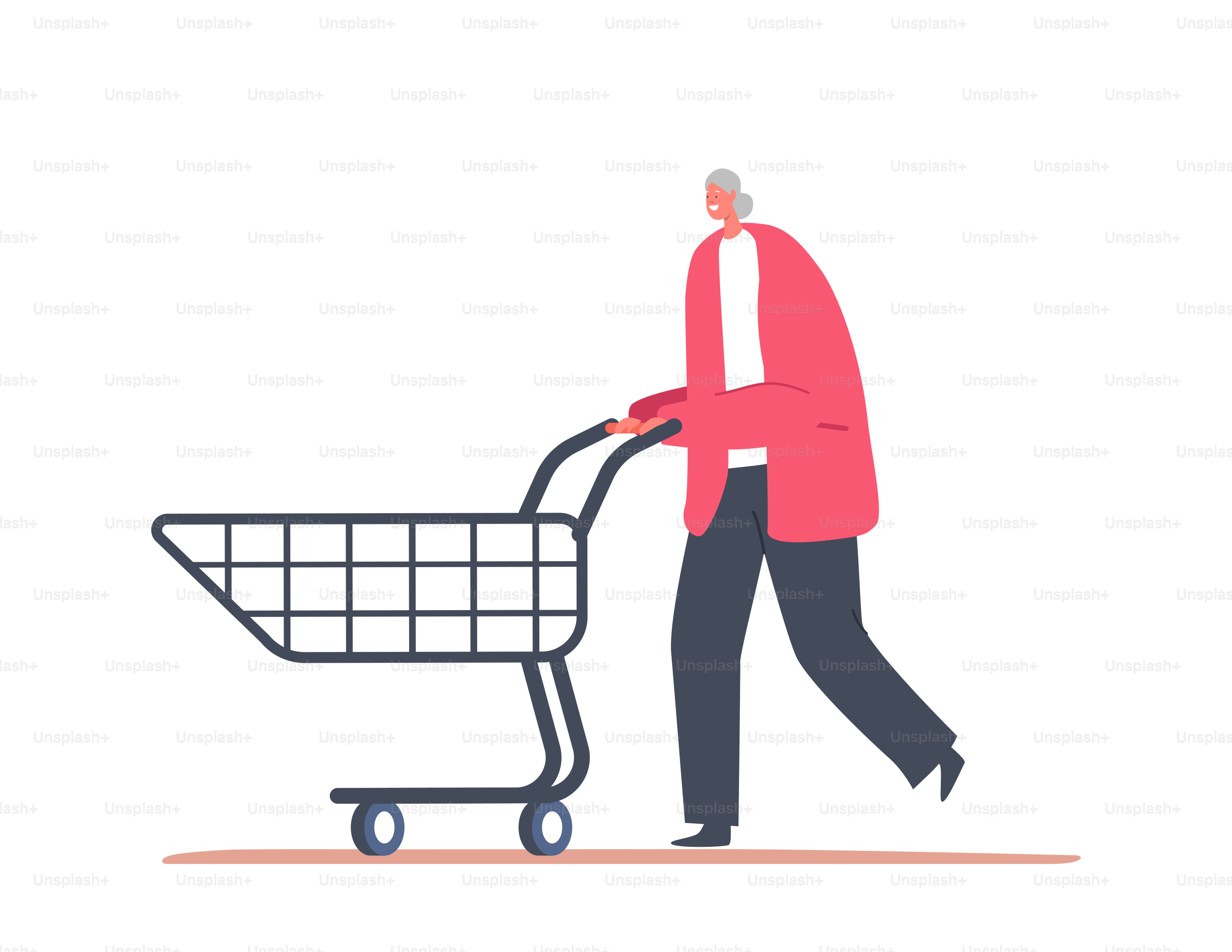 Una mujer mayor feliz caminando con carrito de la compra, compra de personaje femenino alegre en el supermercado o en el supermercado. Rutina de compras para compradores mayores, descuento estacional, oferta. Ilustración vectorial de personas de dibujos animados