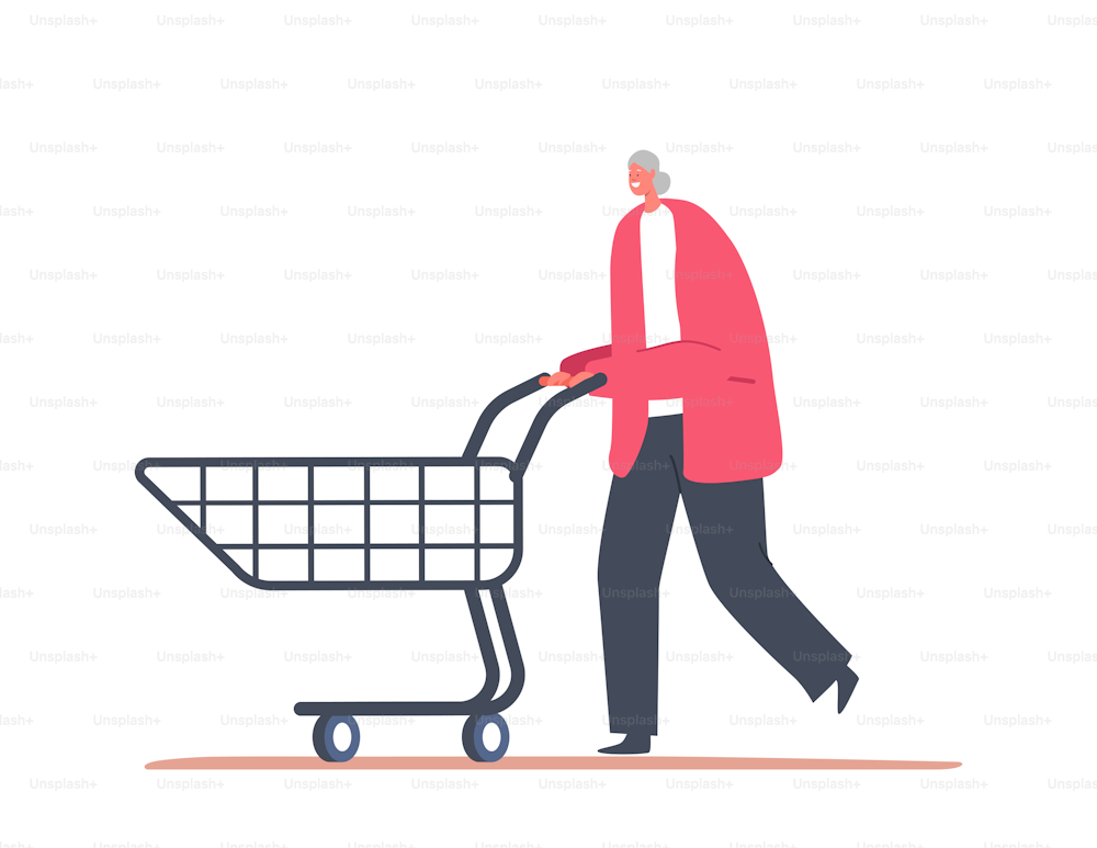 Happy Senior Woman Walk with Shopping Cart, Cheerful Female Character Purchase in Supermarket or Grocery. Elderly Buyer Shopping Routine, Seasonal Discount, Sale. Cartoon People Vector Illustration