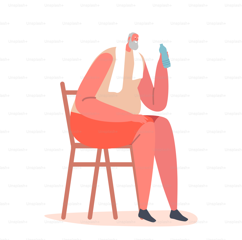 Elderly Male Character Sitting on Chair with Towel on Shoulders Drink Bottled Water after Sports Exercises. Senior Man Healthy Lifestyle, Grandfather Sportsman. Cartoon People Vector Illustration