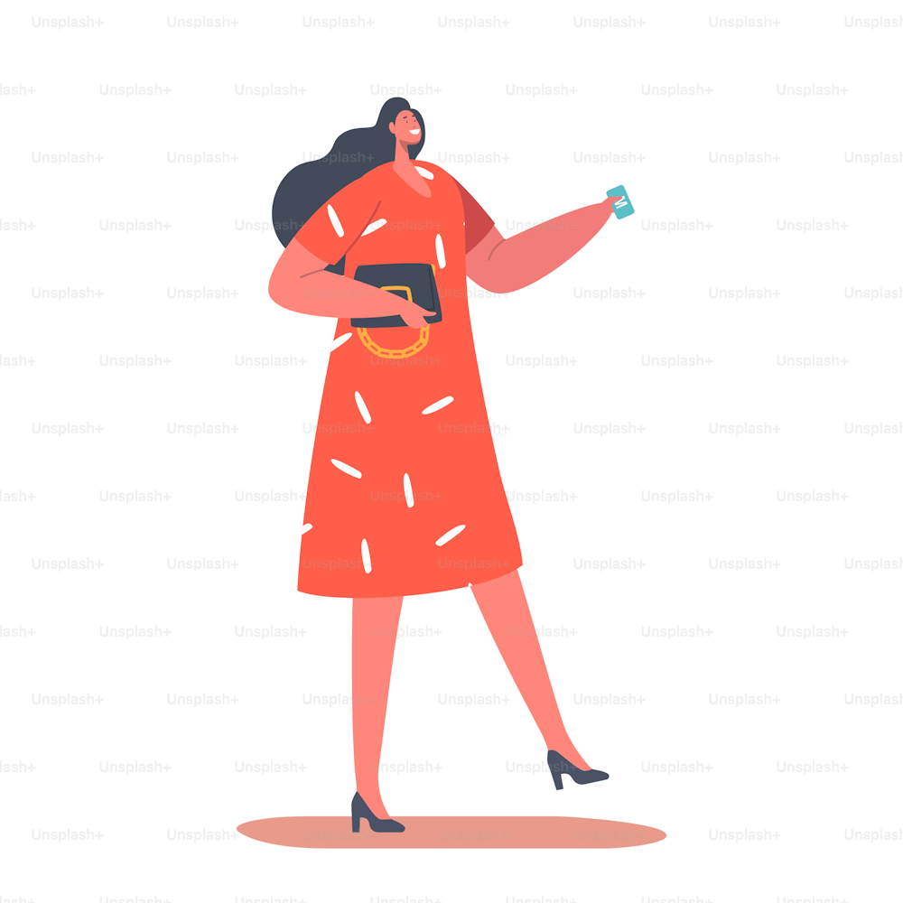 Mujer joven sosteniendo boleto de metro en mano, personaje femenino vestido rojo con bolso y cupón de pase para el transporte público aislado sobre fondo blanco. Ilustración vectorial de Cartoon People