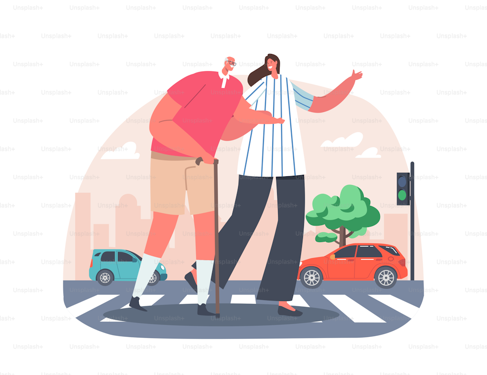 Young Female Character Help to Cross Road for Elderly Man with Walking Cane. Woman City Dweller Move over Crossroad Holding Elderly Person by Hand, Kind Person. Cartoon People Vector Illustration