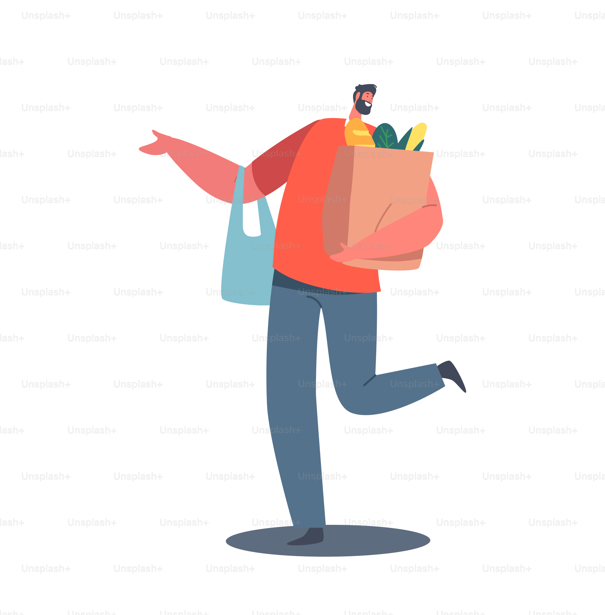 Homme tenant un paquet en papier avec de la nourriture, achetez des produits dans le magasin du marché. Client Homme avec un sac écologique à la main, visitant une épicerie ou un supermarché pour acheter des produits. Illustration vectorielle de bande dessinée