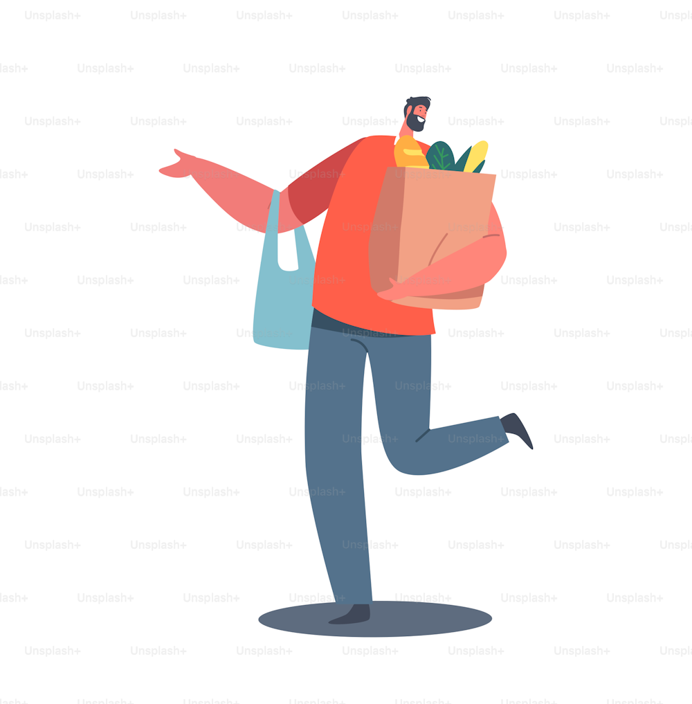 Man Holding Paper Package with Food, Purchase Products in Market Store. Customer Male Character with Eco Bag in Hands Visiting Grocery or Supermarket for Buying Goods. Cartoon Vector Illustration