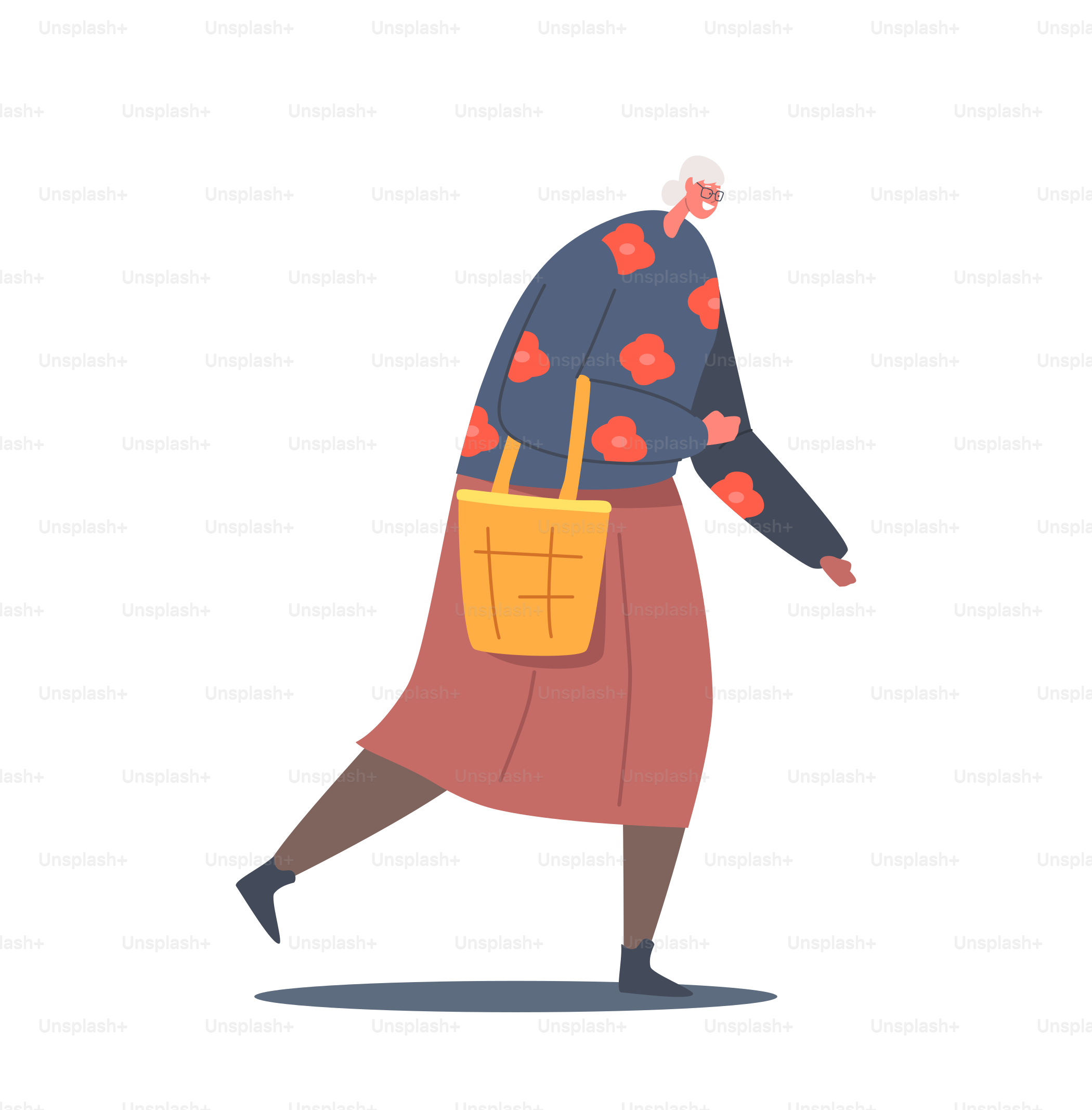 Single Senior Female Character Wear Blouse and Brown Skirt Walk with Handbag Isolated on White Background. Mature Positive Woman, Grandmother, Aged Happy Person. Cartoon People Vector Illustration