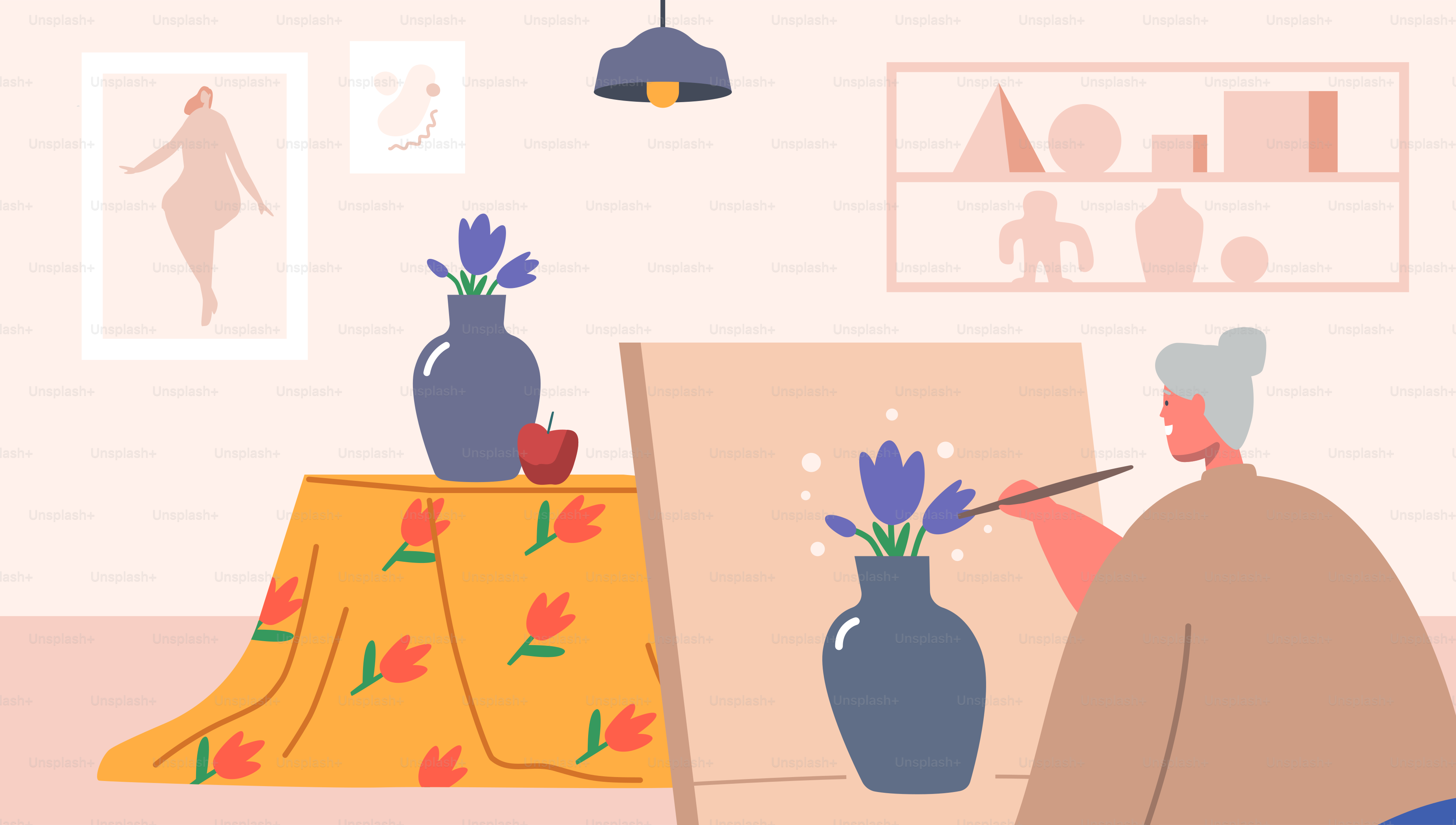 Senior Woman Artist Hold Paintbrush in Hand in Front of Canvas on Easel Drawing Vase with Flowers. Aged Lady Creative Hobby, Occupation, Old Painter Character Paint. Cartoon People Vector Illustration